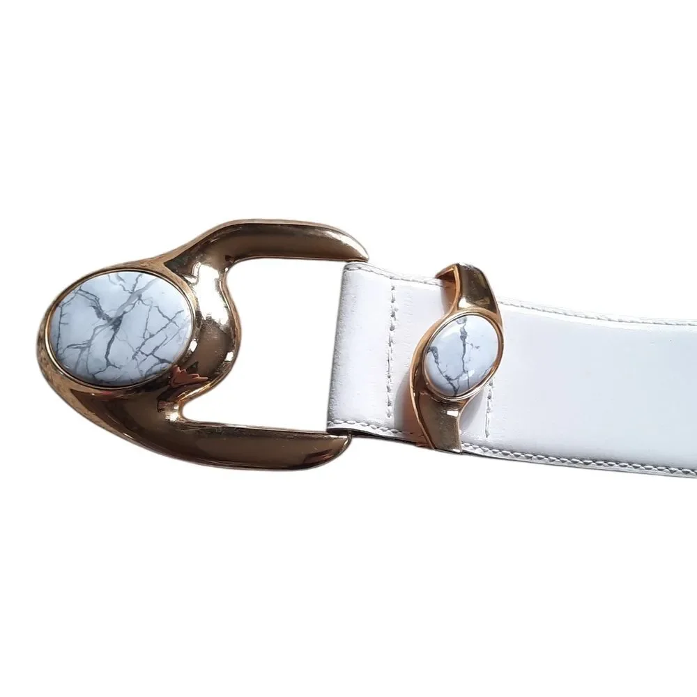 Elegant Women's White and Brown Belt with Gold Buckle